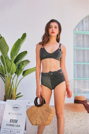 Women’s Sexy Black Texture Top And Waist Belt Bottom Bikini Swimsuit