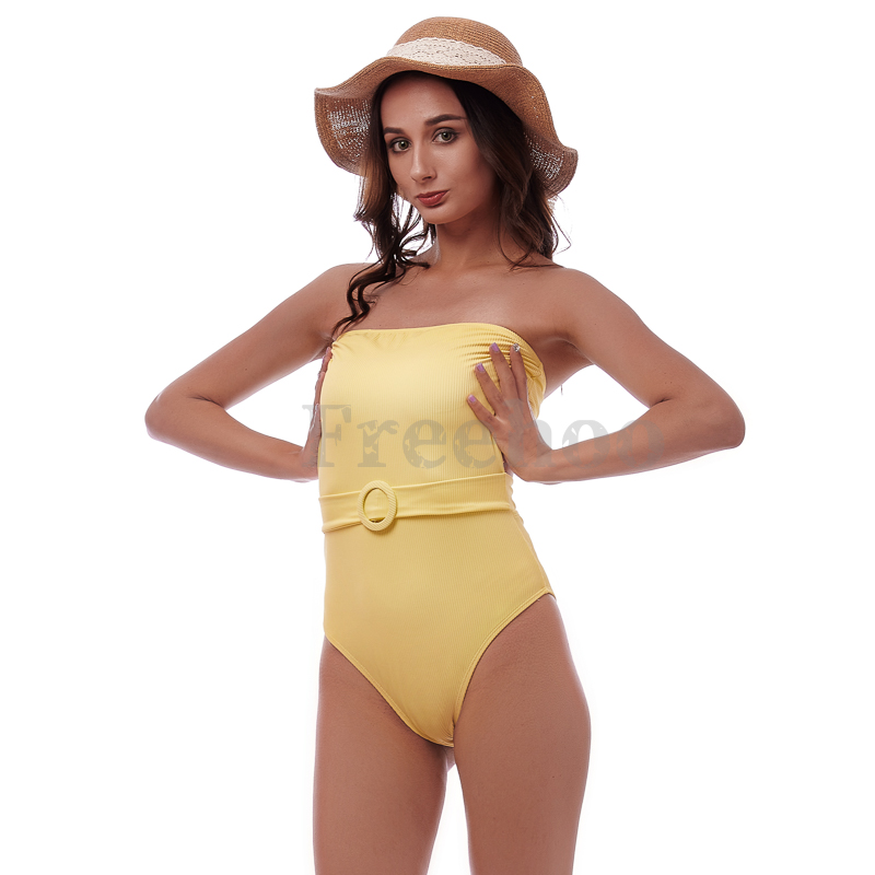 Women’s Sexy Lemon Rib with Waist Belt Wireless One-piece Swimsuit