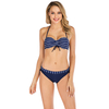 Women’s Sexy Blue And White Stripes Drawstring Halter Top And Contrast Bottom Bikini Suit