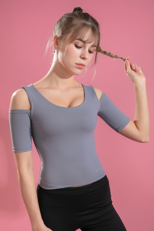 Women’s Grey Quick Dry Breathable Fitness Workout Yoga Short Sleeve Top