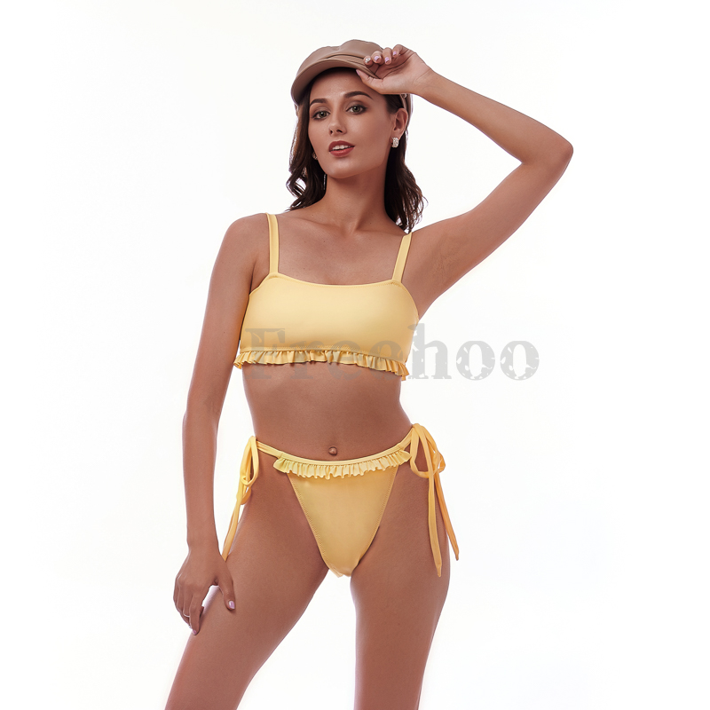 Women’s Sexy Yellow Frill Side Tie Bikini Suit