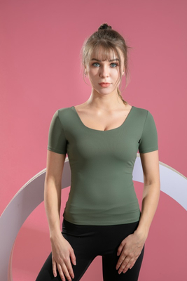 Women’s Dark Green Quick Dry Breathable Fitness Workout Yoga Short Sleeve Top