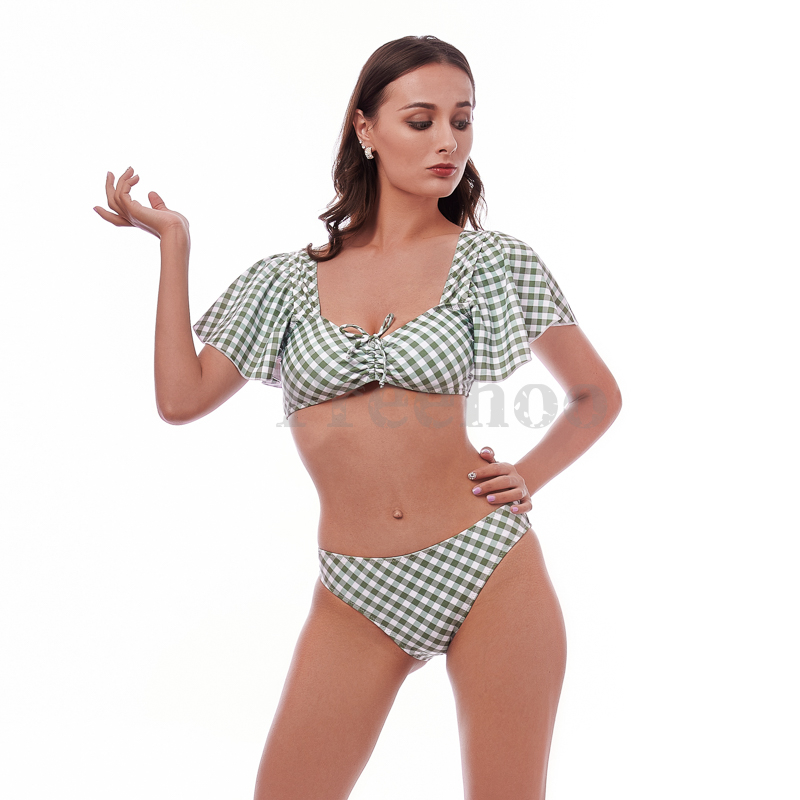 Women’s Sexy Checked Puff Sleeve Drawstring Bikini Suit
