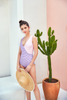 Women’s Sexy Purple Check & Pink Check Joint Texture Scallop Frill Wireless One-piece Swimwear