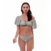 Women’s Sexy Checked Puff Sleeve Drawstring Bikini Suit
