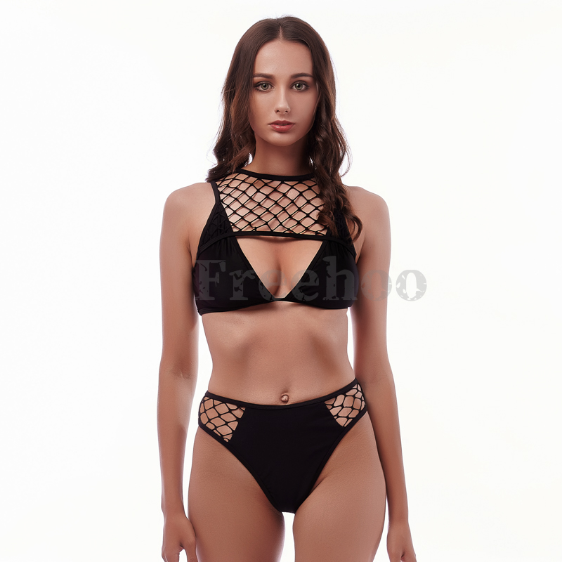 Women’s Sexy Black Mesh Joint Deep V Wireless Bikini Suit