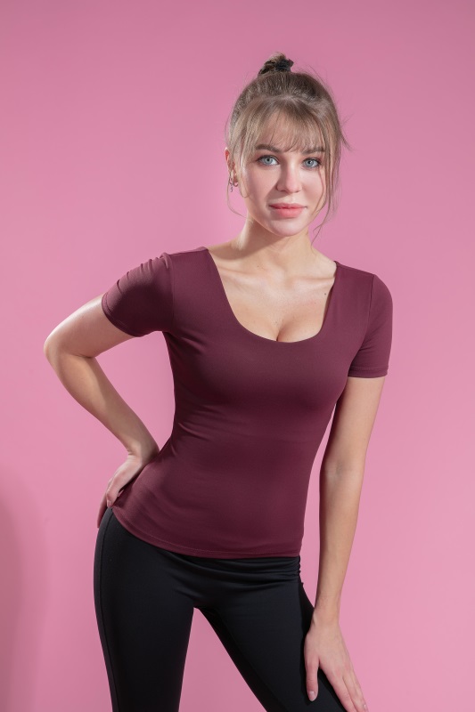 Women’s Wine Red Quick Dry Breathable Fitness Workout Yoga Short Sleeve Top