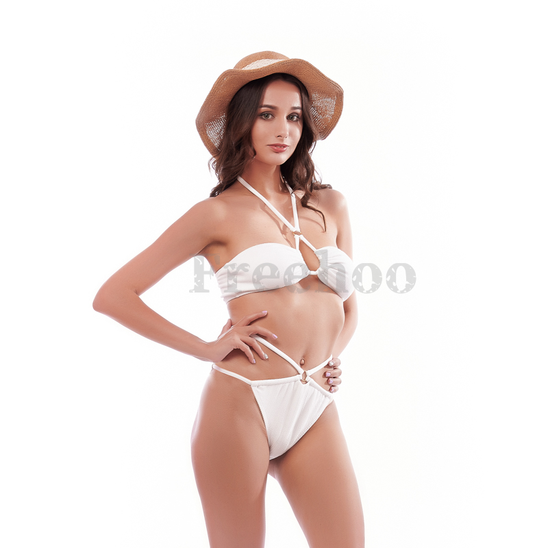 Women’s Sexy Cream Crinkle O-ring Shock Cord Halter Bikini Suit